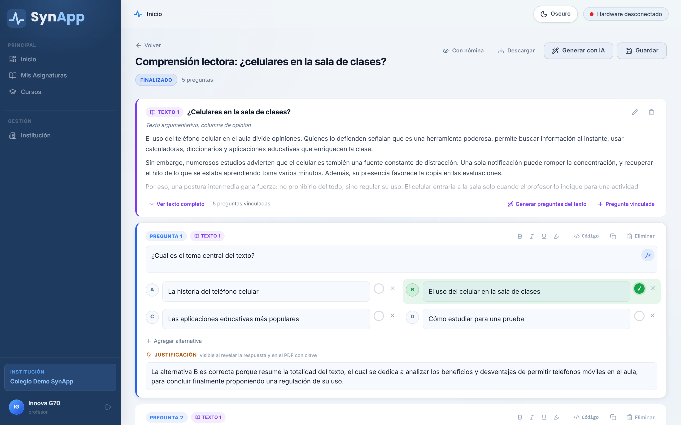 Quiz Builder con IA · preguntas con distractores y justificación